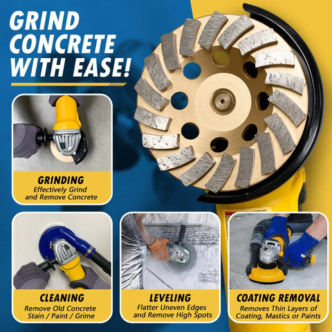 4 Inch Diamond Grinding Wheel For Concrete And Masonry, Turbo 9 Segments, 30 40 Grit, Medium Bond, Five Eighths By Eleven Arbor, Wet Or Dry Use, Multipurpose Grinding And Surface Prep For Leveling, Cleaning, And Coating Removal