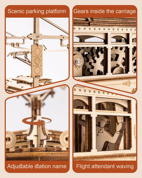 3D Wooden Puzzle Model Car Kit For Adults Build A Classic Tram Train Set With Realistic Rails And Real Wood Finish Hands On Toy Gift Idea For Christmas Fathers Day Birthday Dope Build Experience, wooden tram detail