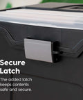 Close-up of lockable file box with lid for letter files showing secure buckle and latch in black.