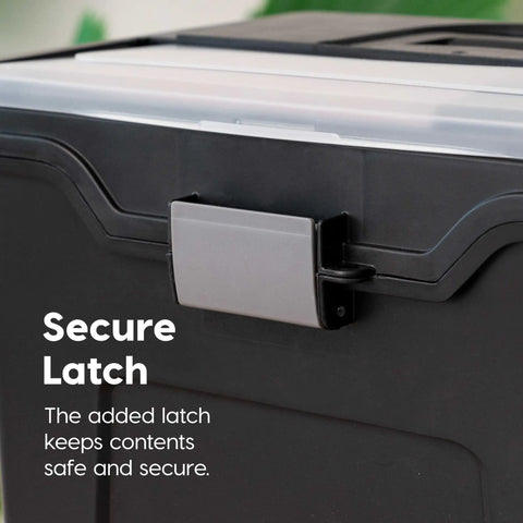 Close-up of lockable file box with lid for letter files showing secure buckle and latch in black.
