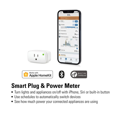 Apple HomeKit Smart Plug with Built-In Schedules and Power Meter next to smartphone showing energy usage app interface.