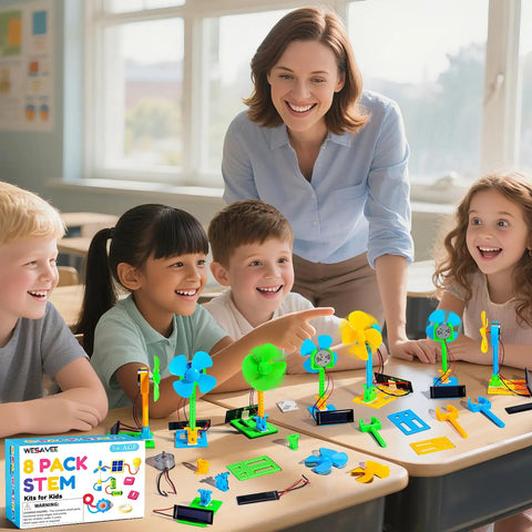 Kids and teacher enjoying hands-on learning with Bulk Solar Powered STEM Kits Eight Pack Of Solar Powered Fans For Kids Science Projects Ages Eight To Thirteen Hands On Learning Classroom Activities Engineering Toys For Boys And Girls Kid Friendly And Super Cool.
