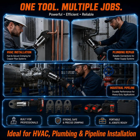 Heavy Duty 21V Electric Pipe Crimping Tool With 60KN Pressure For 1/2 And 3/4 Inch Fittings used in HVAC and plumbing installations.
