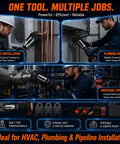 21V Electric Pipe Crimping Tool With 60KN Force for HVAC and plumbing, showing copper crimping in action.