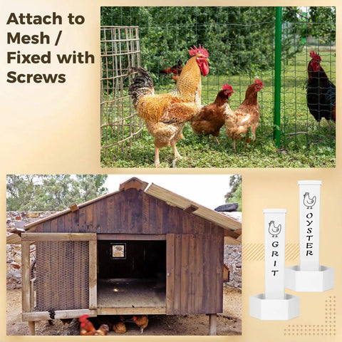 Slick 4 Pieces Hanging Auto Gravity Dispenser For Your Backyard Gang With Large Grit And Oyster Shell Compartments No Sweat Refills Coop Essentials Downright Convenient Poultry Gear with chickens and coop.