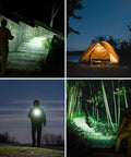 Keychain EDC Flashlight Red USB C 650 Lumens used outdoors, illuminating stairs and campsite at night, compact and durable design.
