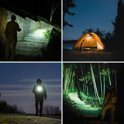Keychain EDC Flashlight Red USB C 650 Lumens used outdoors, illuminating stairs and campsite at night, compact and durable design.