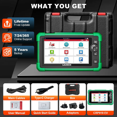 Heavy Duty Electric Vehicle Diagnostic Scanner For Hybrid Whips featuring bidirectional controls and accessories in a sturdy case.
