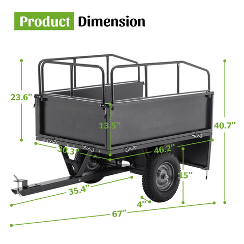Heavy Duty Steel Dump Cart Trailer With 600 Lb Load Capacity 17 Cu Ft Tow Behind Hauler dimensions diagram.