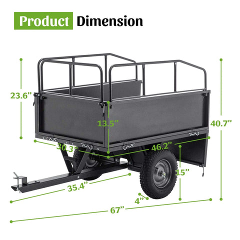 Heavy Duty 600Lb Dump Cart For Farm And Garden Tow Behind Utility Trailer with dimensions annotated, steel construction