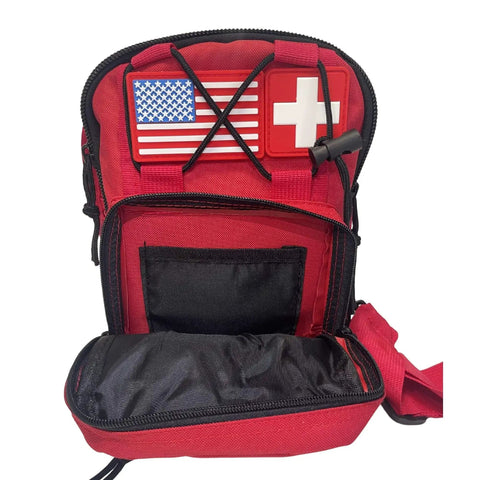 Ultra Slim EMS Medical Sling Bag For Onsite First Aid And Rapid Response showing open compartments with medic patch