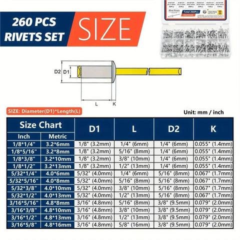 260 Piece Pro Grade Aluminum Blind Rivet Kit With 12 Sizes For Metal Work, Quick Install Pop Rivets Set, Heavy Duty Riveting Assortment For Auto, DIY, Home Projects And Fabrication Tasks size chart and rivet organizer