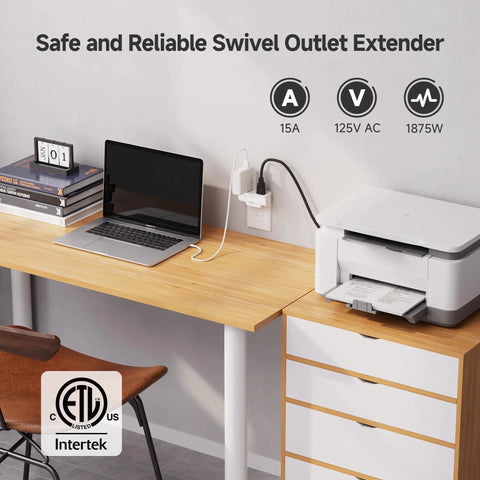ETL Listed 2-Pack 3-Outlet Grounded Wall Tap With 180 Degree Swivel on a home office desk setup