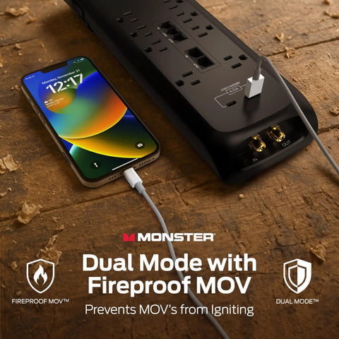 Image of Heavy Duty Surge Protector Power Strip with Eight 120V Outlets, USB ports, and smartphone charging on wooden surface.