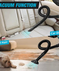 Cordless Leaf Blower And Vacuum With Brushless Motor, 6 Variable Speeds Up To 180 MPH, 2 In 1 Handheld Tool shown vacuuming car seat and pet hair