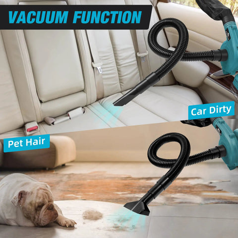 Cordless Leaf Blower And Vacuum With Brushless Motor, 6 Variable Speeds Up To 180 MPH, 2 In 1 Handheld Tool shown vacuuming car seat and pet hair