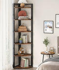 Straight Up Dope Six Tier Corner Shelf And Bookshelf Combining Rustic Wood Grain With Reinforced Steel Frame Ultimate Corner Storage Rack For Compact Apartments Living Rooms Or Gaming Setups in a cozy corner with decor.