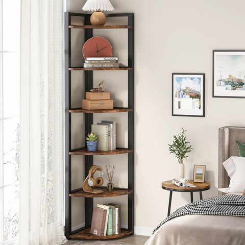 Straight Up Dope Six Tier Corner Shelf And Bookshelf Combining Rustic Wood Grain With Reinforced Steel Frame Ultimate Corner Storage Rack For Compact Apartments Living Rooms Or Gaming Setups in a cozy corner with decor.