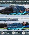 Man sleeping on all season self inflating camping pad with 4.3 R-Value insulated foam on snow, showcasing comfort and support.