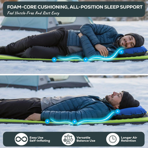 Man sleeping on all season self inflating camping pad with 4.3 R-Value insulated foam on snow, showcasing comfort and support.