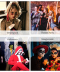Collage of people at steampunk, theme party, Halloween, and masquerade events, showcasing various costumes and styles.