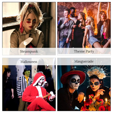 Collage of people at steampunk, theme party, Halloween, and masquerade events, showcasing various costumes and styles.