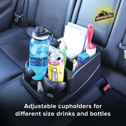 Car Console Organizer With Two Adjustable Cup Holders And Three Large Storage Compartments, middle seat organizer view with items.
