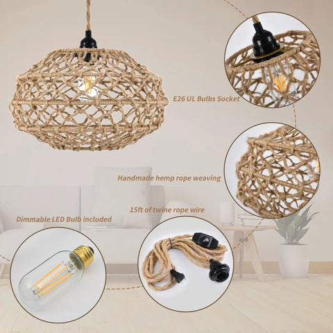 Boho Macrame Pendant Light With Plug In Cord And Dimmer Switch Dark Linen Hemp Rope Lampshade Hanging Light Fixture For Bedroom And Living Room
