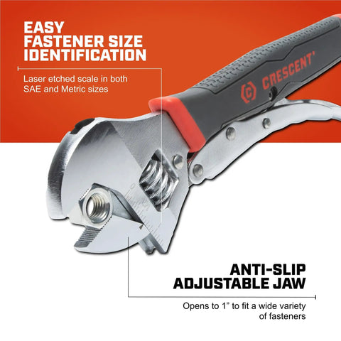 Locking Adjustable Dual Material Wrench, 10 Inch, Pliers Strength Jaw, Anti Slip Grip, Gear, Wide Jaw Opening Up To 1 Inch, ACL10VS