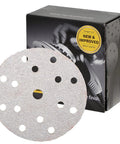 Heavy Duty 6 Inch White Sanding Discs With Hook It Loop Back For Auto Bodywork And Refinishing P40 Grit Sandpaper In Box Of 50 with holes for dust extraction.