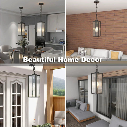 Outdoor Pendant Light Matte Black Adjustable Exterior Hanging Porch Lighting Waterproof Ceiling Mount Lamp With Clear Glass Shade