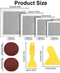 Product size chart of Easy Peasy Drywall Repair Kit with patches, sandpaper, and scrapers for 2in to 8in holes.