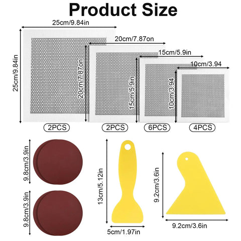 Product size chart of Easy Peasy Drywall Repair Kit with patches, sandpaper, and scrapers for 2in to 8in holes.