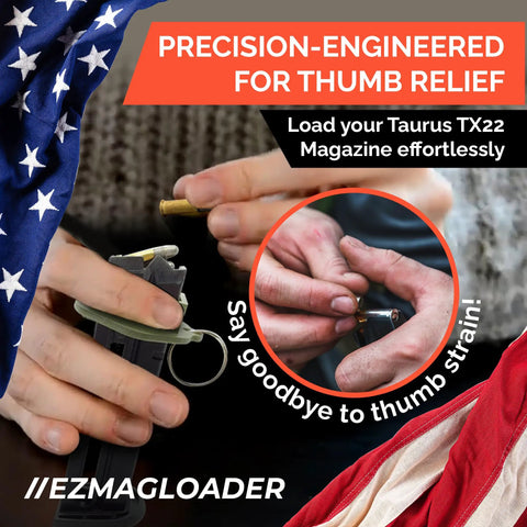 Hands using TX22 Magazine Speed Loader For Taurus TX22 Models No Hassle Pain Free Loading Comfortable Grip Large Flanges