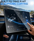 Top Shelf Matte Tempered Glass Screen Protector For 15.6 Inch Dashboard Display Tailored Fit For 2017 To 2023 Tesla Model 3 And Modern Model Y Anti Glare Clean Setup Ride Shield showing touchscreen with anti-fingerprint feature.