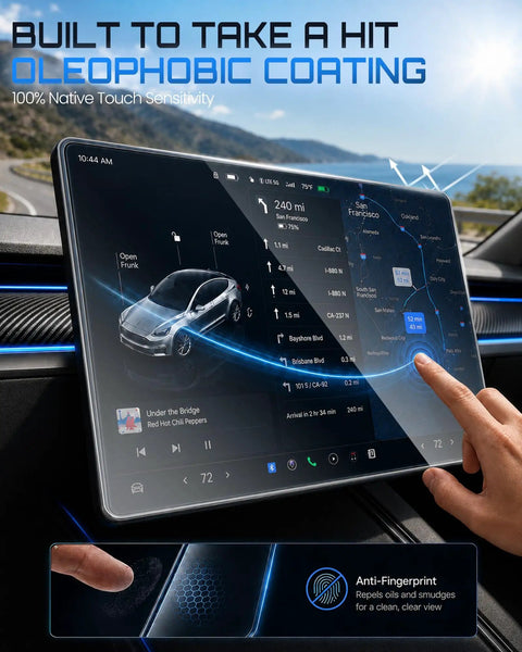 Top Shelf Matte Tempered Glass Screen Protector For 15.6 Inch Dashboard Display Tailored Fit For 2017 To 2023 Tesla Model 3 And Modern Model Y Anti Glare Clean Setup Ride Shield showing touchscreen with anti-fingerprint feature.