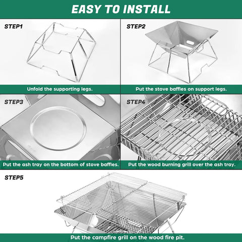Folding Campfire Grill For Camping And Backpacking Portable Charcoal Fire Pit With 304 Stainless Steel Construction assembly steps