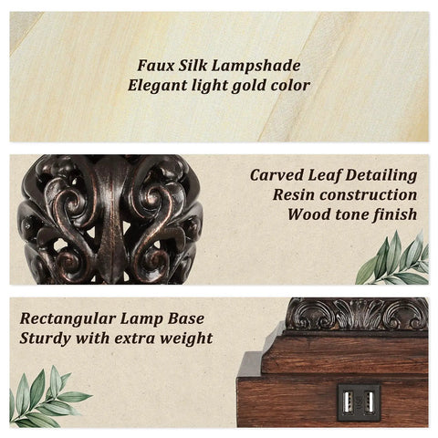 Set Of 2 Touch Control 3-Way Dimmable Bedside Lamps With Two USB Charging Ports Bell Shape Faux Silk Shade Brown Base LED Bulbs Included Ideal For Nightstands Bedroom Or Living Room No-Fuss Easy Tap Dimmer, featuring faux silk shade and carved leaf detailing.