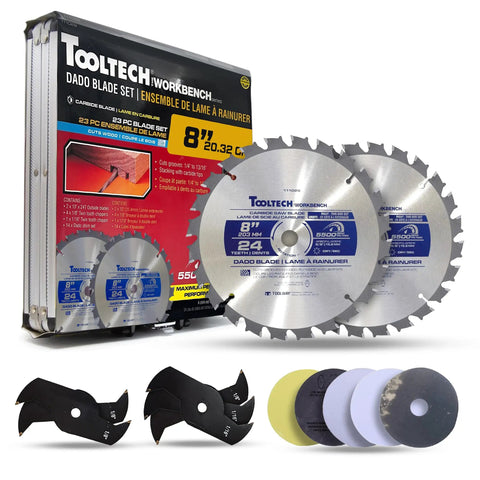 8 Inch Stacking Dado Blade Set for Table Saw With 24 Tooth Carbide Dado Blades, 23 Piece Adjustable Dado Set From 1/4 to 13/16 Inch, 5/8 Inch Arbor, 5500 RPM, Pro Grade Quality, DIY Friendly, Includes Storage Case