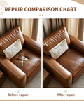 Repair comparison chart showing before and after use of Leather Repair Tape Self Adhesive Patch Kit 16 By 80 Inches on couch.