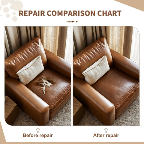 Repair comparison chart showing before and after use of Leather Repair Tape Self Adhesive Patch Kit 16 By 80 Inches on couch.