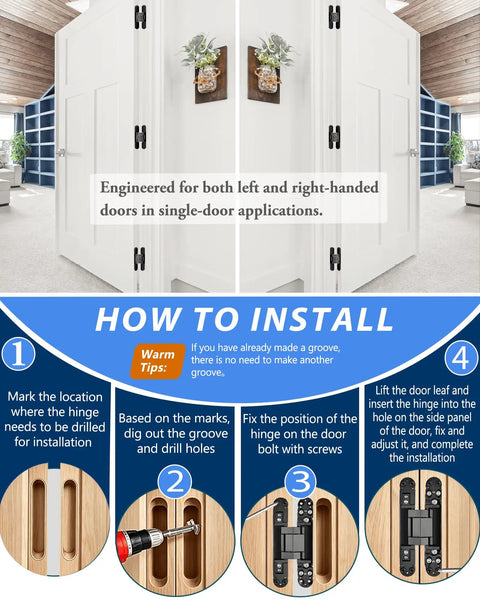 Installation guide for Heavy Duty 7 Inch Invisible Hidden Door Hinges Zinc Alloy Concealed Hinge System for large wood doors.