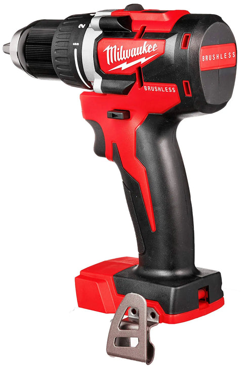 Side view of a red and black 18V Brushless Cordless Drill Driver Half Inch Compact Power Tool Tool Only Renewed 2801 20 RedLink Tech