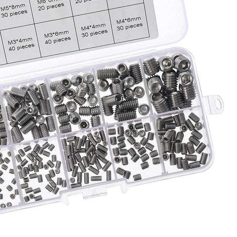 Industrial Grade 300-Piece M3 To M8 304 Stainless Steel Hex Socket Set Screws With Oval Cup Point Internal Drive in storage box