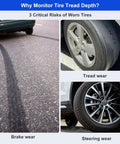 Composite image showing brake wear, tread wear, and steering wear on vehicle tires on asphalt roads.
