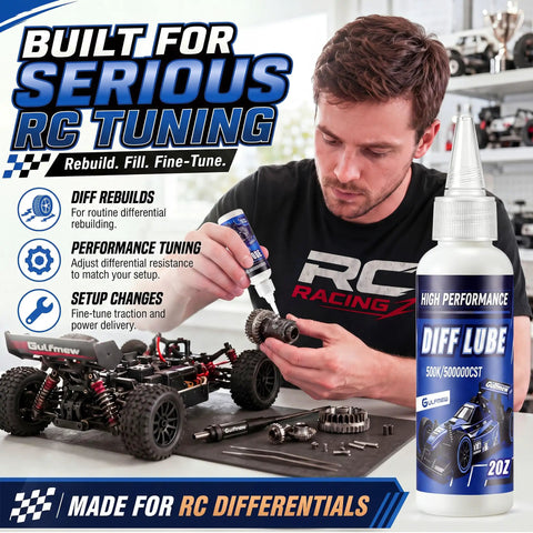 Person using Rock Hard 2 Oz Rc Differential Oil 500K Cst Silicone Fluid for tuning RC car gears in a workshop.