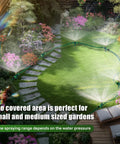4 Pack Flexible Sprinkler System With Spike Base For Above Ground Lawn Irrigation in lush garden setting spraying water