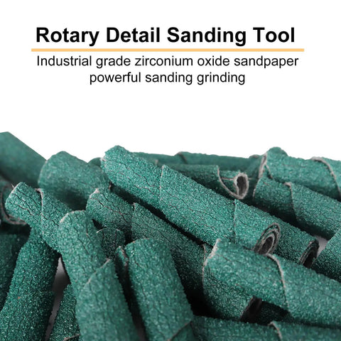 Close-up of 120 Grit Zirconia Sanding Bands For Detail Work Set 0.4 Inch By 1.5 Inch Cone And Cylinder Shapes in green color.