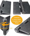 Weld-On heavy-duty gate hinges, front and side views, steel, 3/16 in thick, four-pack