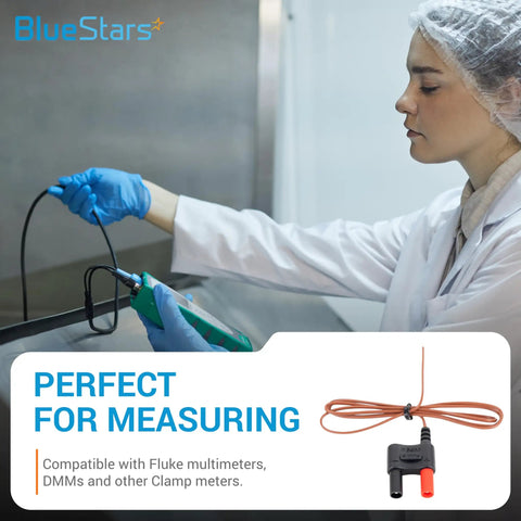 Technician using Type K Thermocouple Bead Probe with clamp meter for precise temperature measurement in lab setting.